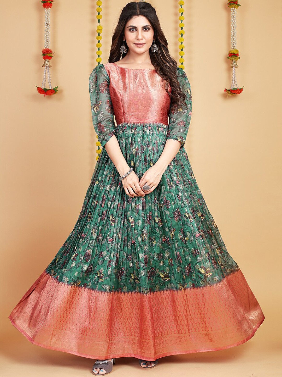 

Tasarika Floral Printed Pleated Maxi Ethnic Dress, Sea green