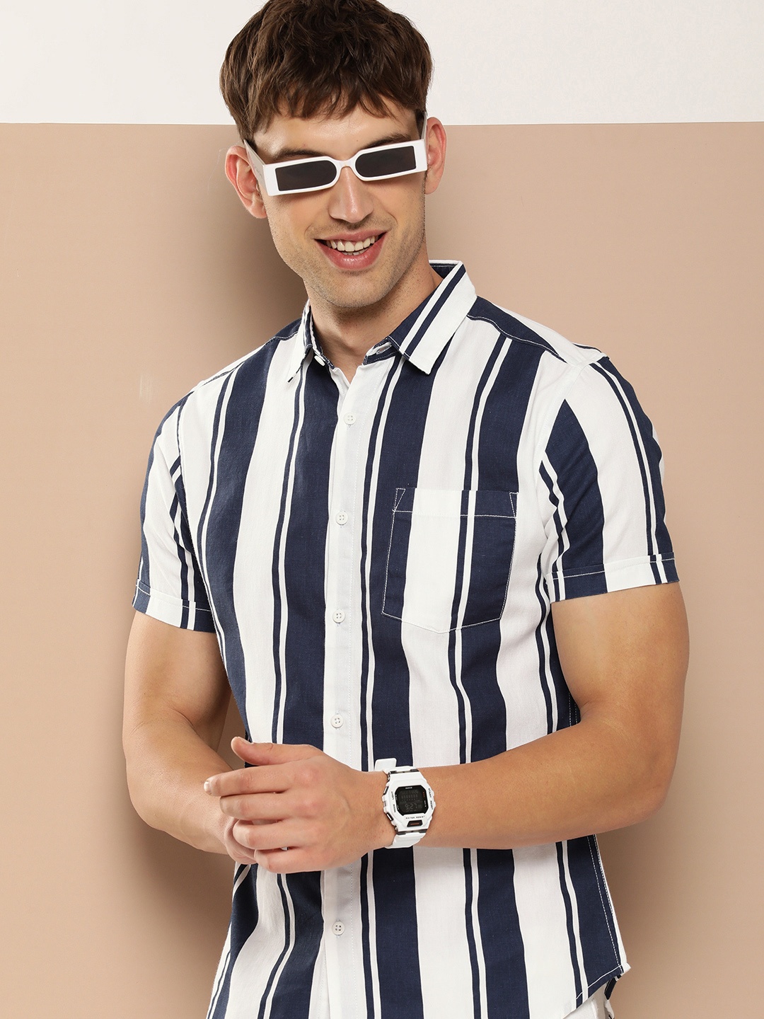 

HERE&NOW Men Striped Slim Fit Opaque Casual Shirt, Navy blue
