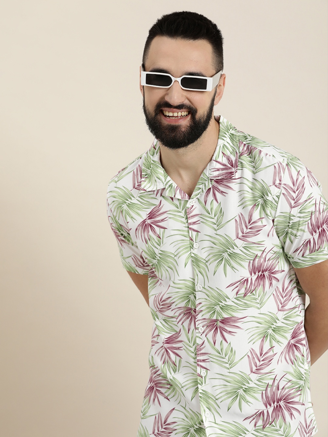 

HERE&NOW Men Slim Fit Tropical Opaque Printed Casual Shirt, Sea green