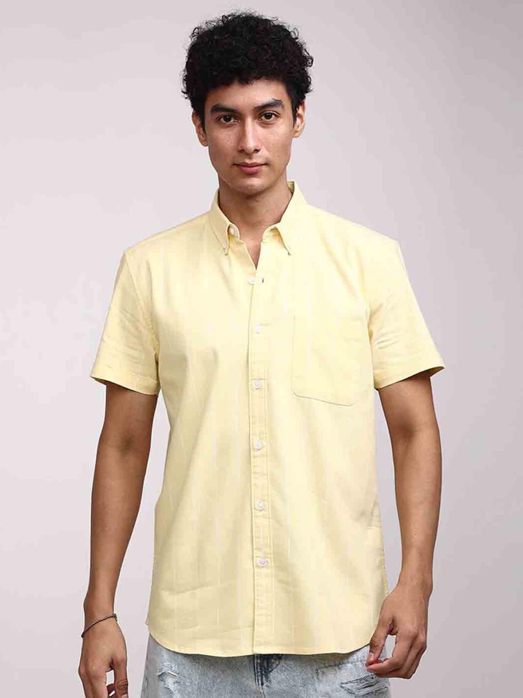

Snitch Yellow Vertical Stripes Pure Cotton Casual Shirt