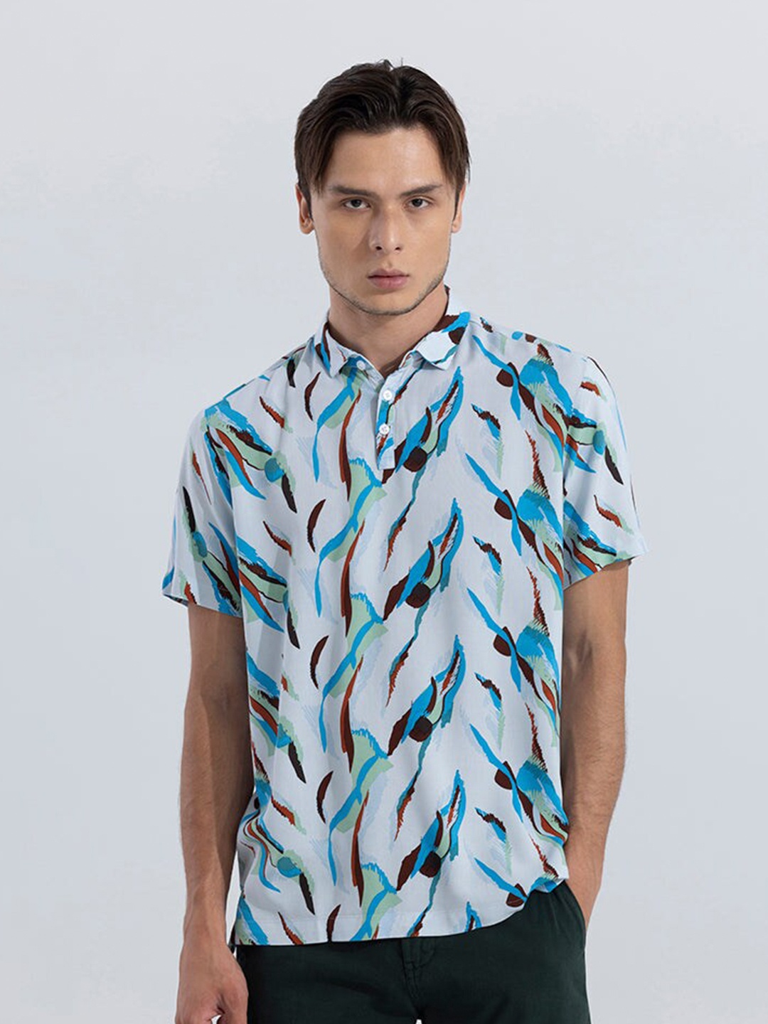 

Snitch Blue Abstract Printed Polo Collar Slim Fit T-shirt