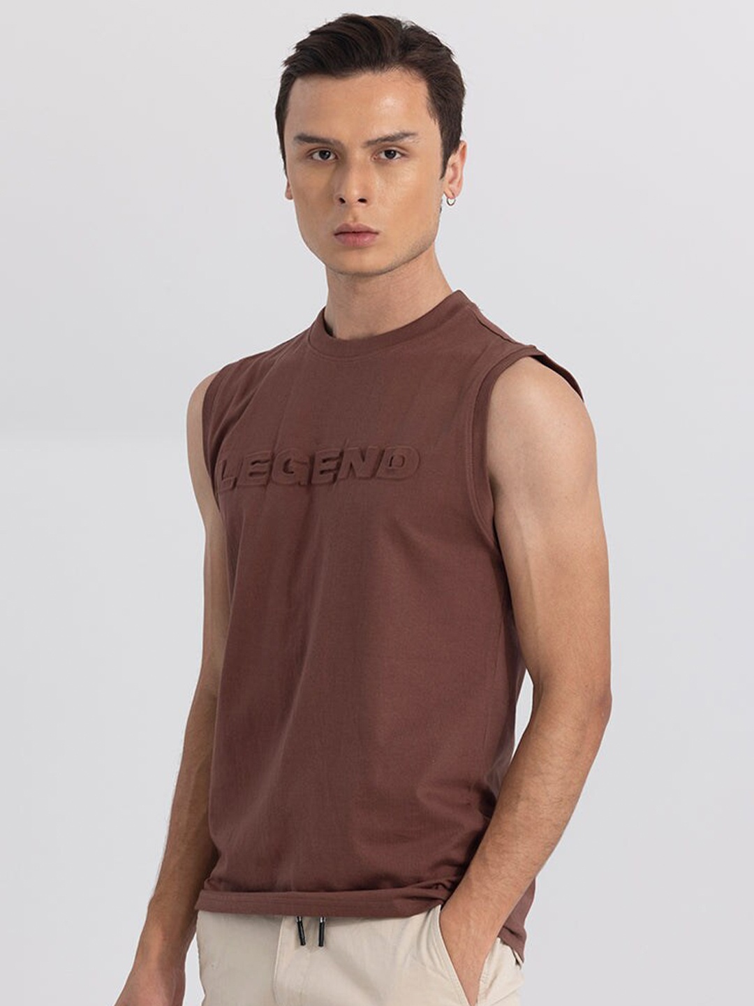 

Snitch Brown Typography Printed Sleeveless Cotton T-shirt