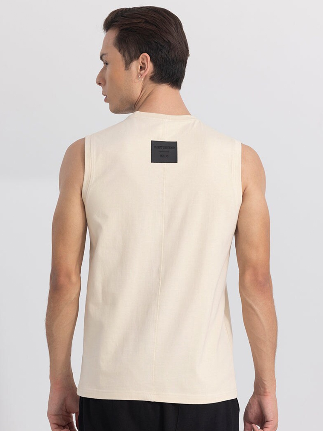 

Snitch Beige Typography Printed Sleeveless Cotton T-shirt