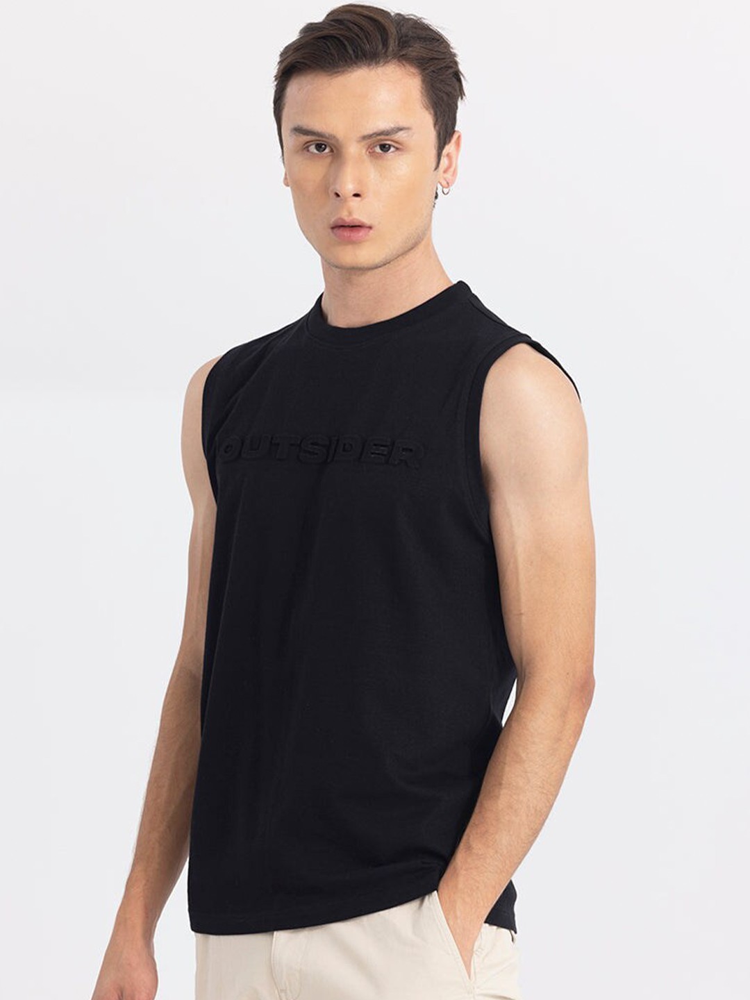 

Snitch Black Typography Printed Sleeveless Cotton T-shirt