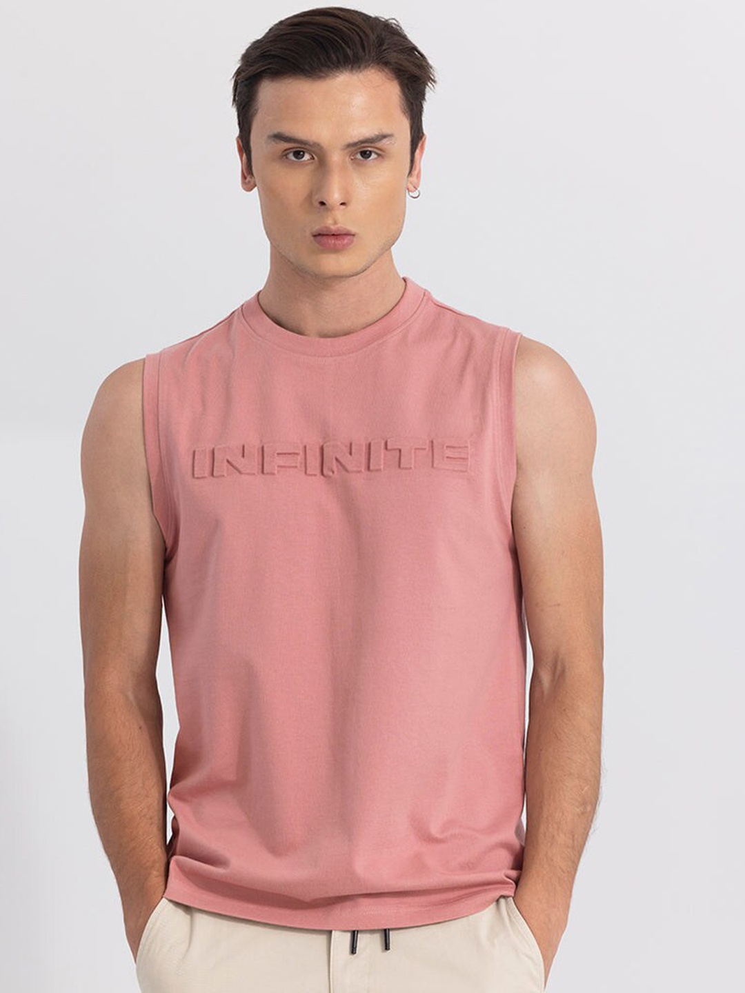 Snitch Pink Typography Printed Sleeveless Cotton T-shirt