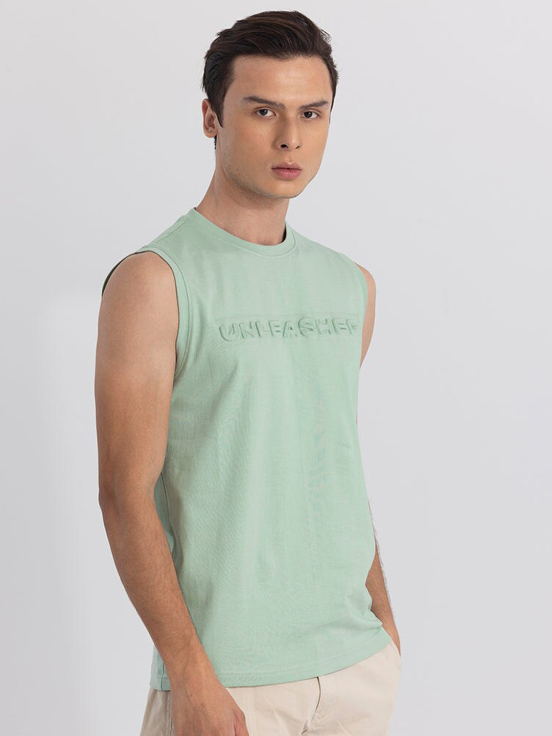 

Snitch Green Typography Printed Sleeveless Cotton T-shirt