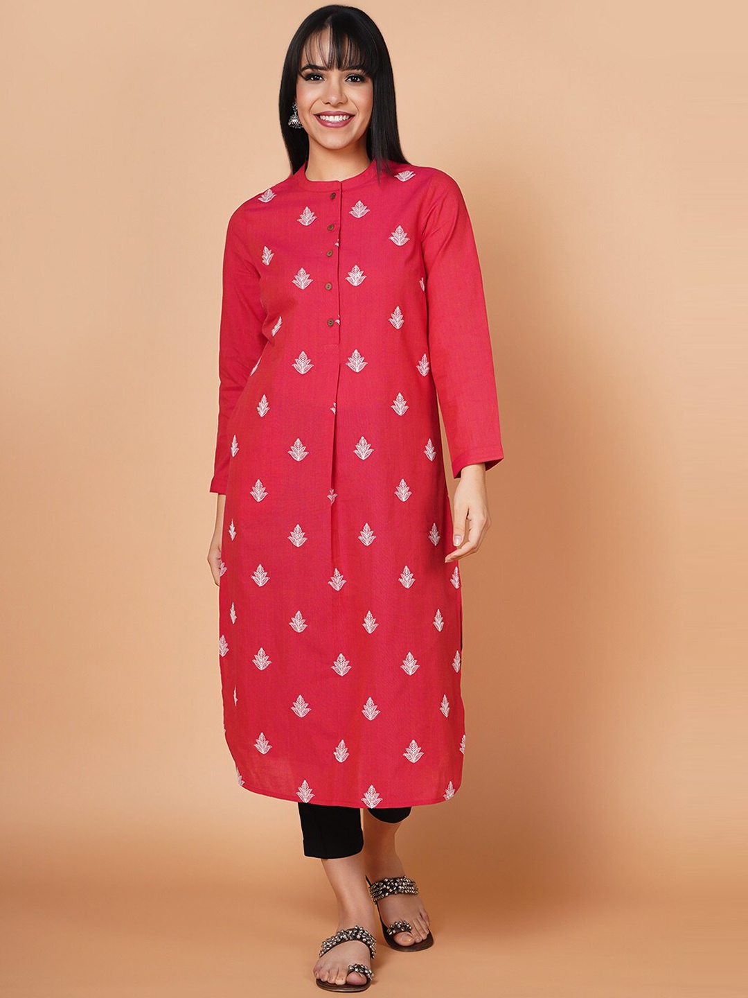 

BARARA ETHNIC Ethnic Motifs Printed Band Collar Pure Cotton Kurta, Pink