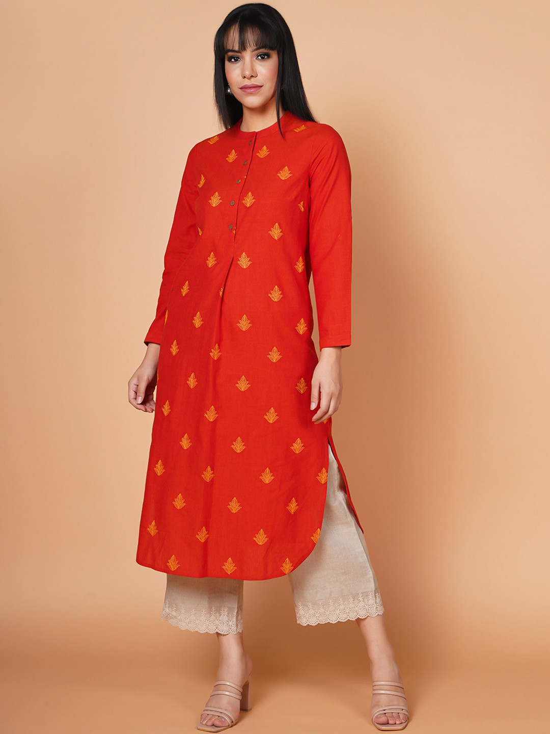 

BARARA ETHNIC Thread Work Detailed Mandarin Collar Cotton Straight Kurta, Red