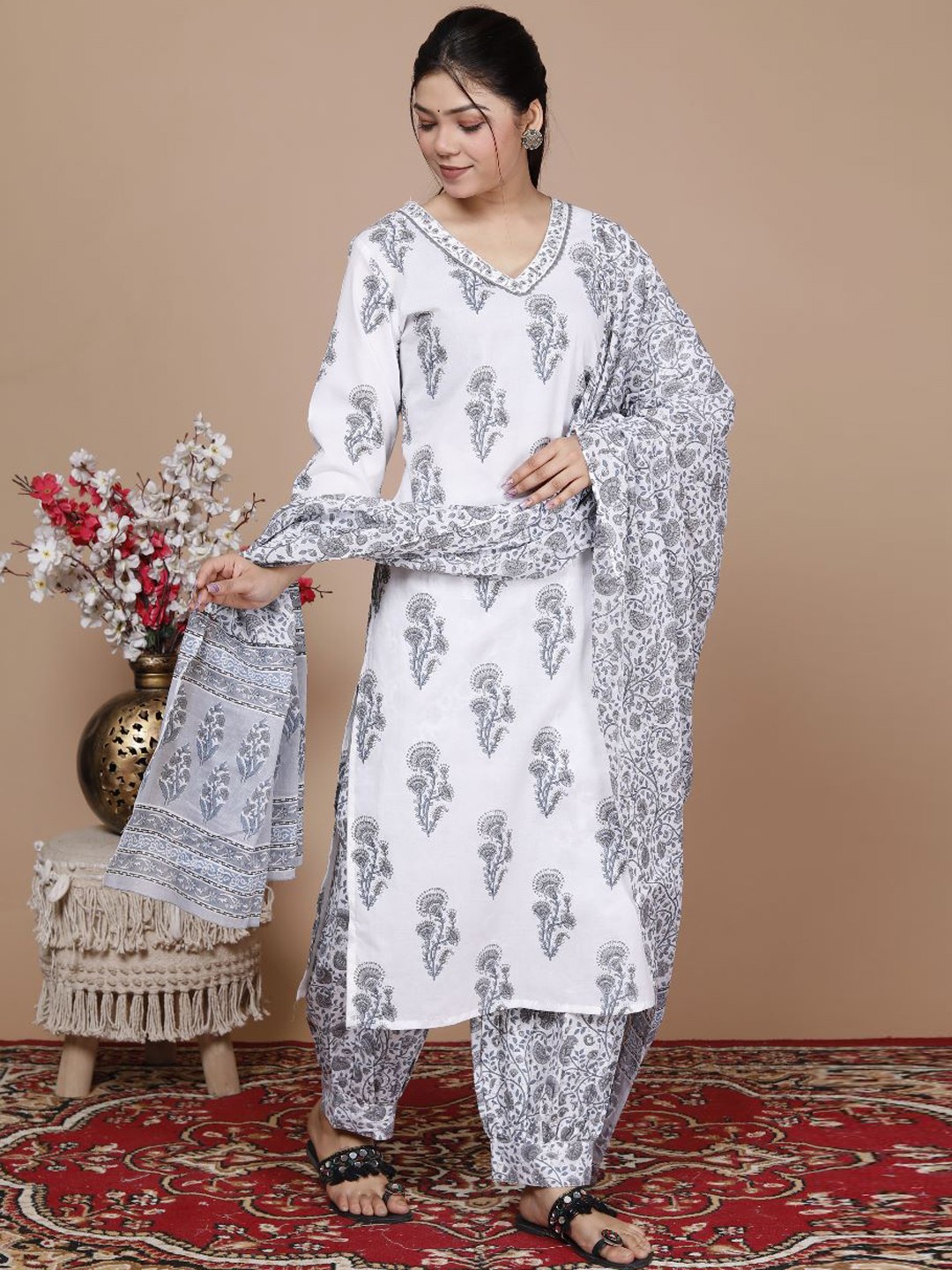 

Swasti Floral Printed V-Neck Sequinned Cotton Kurta Set With Dupatta, White