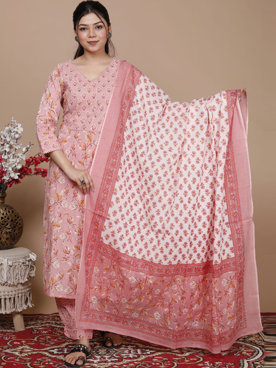 

Swasti Floral Printed V-Neck Sequinned Cotton Kurta Set With Dupatta, Peach