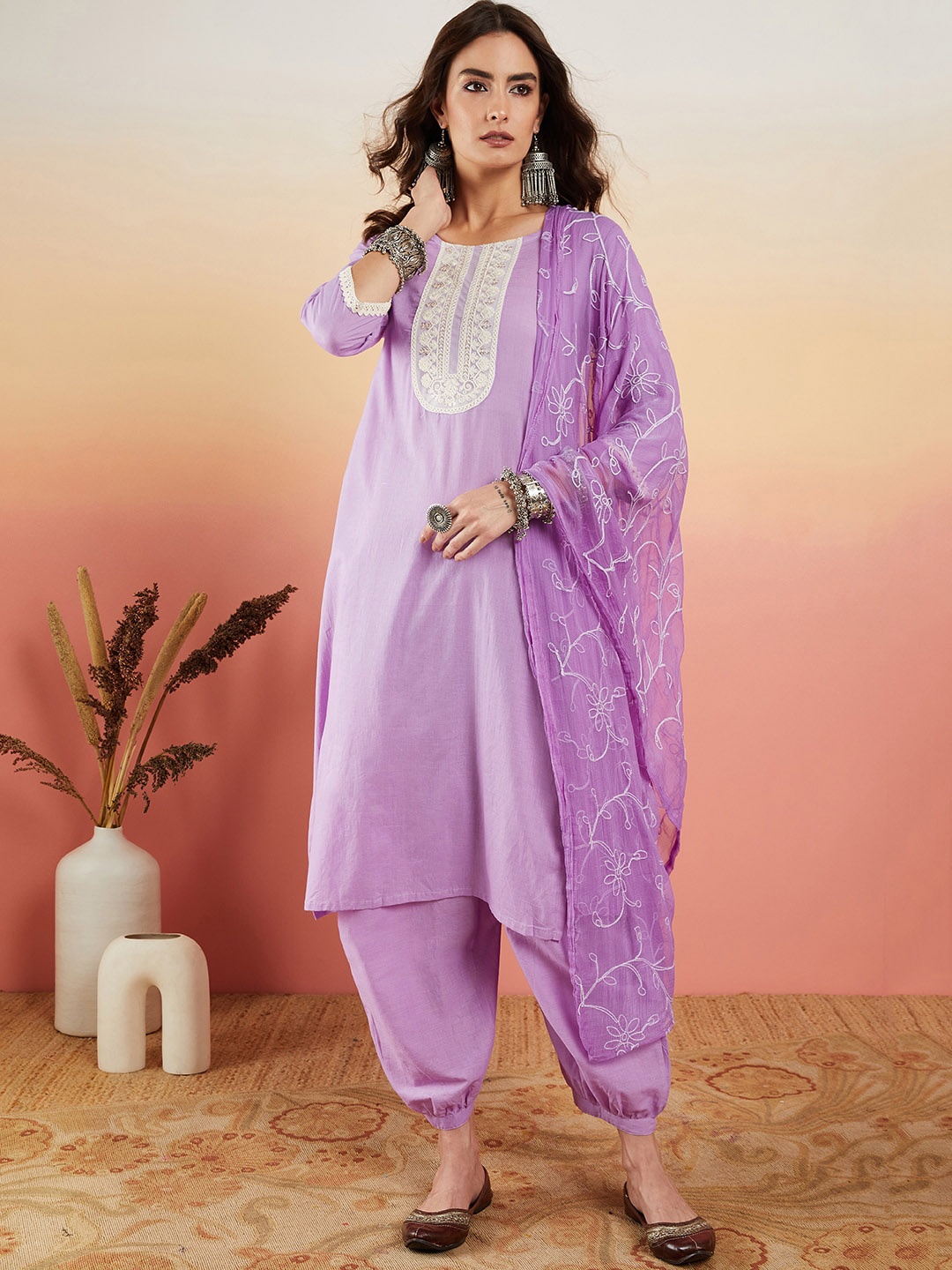 

Sangria Ethnic Motifs Yoke Design Lace Detail Pure Cotton Kurta With Salwar & Dupatta, Purple