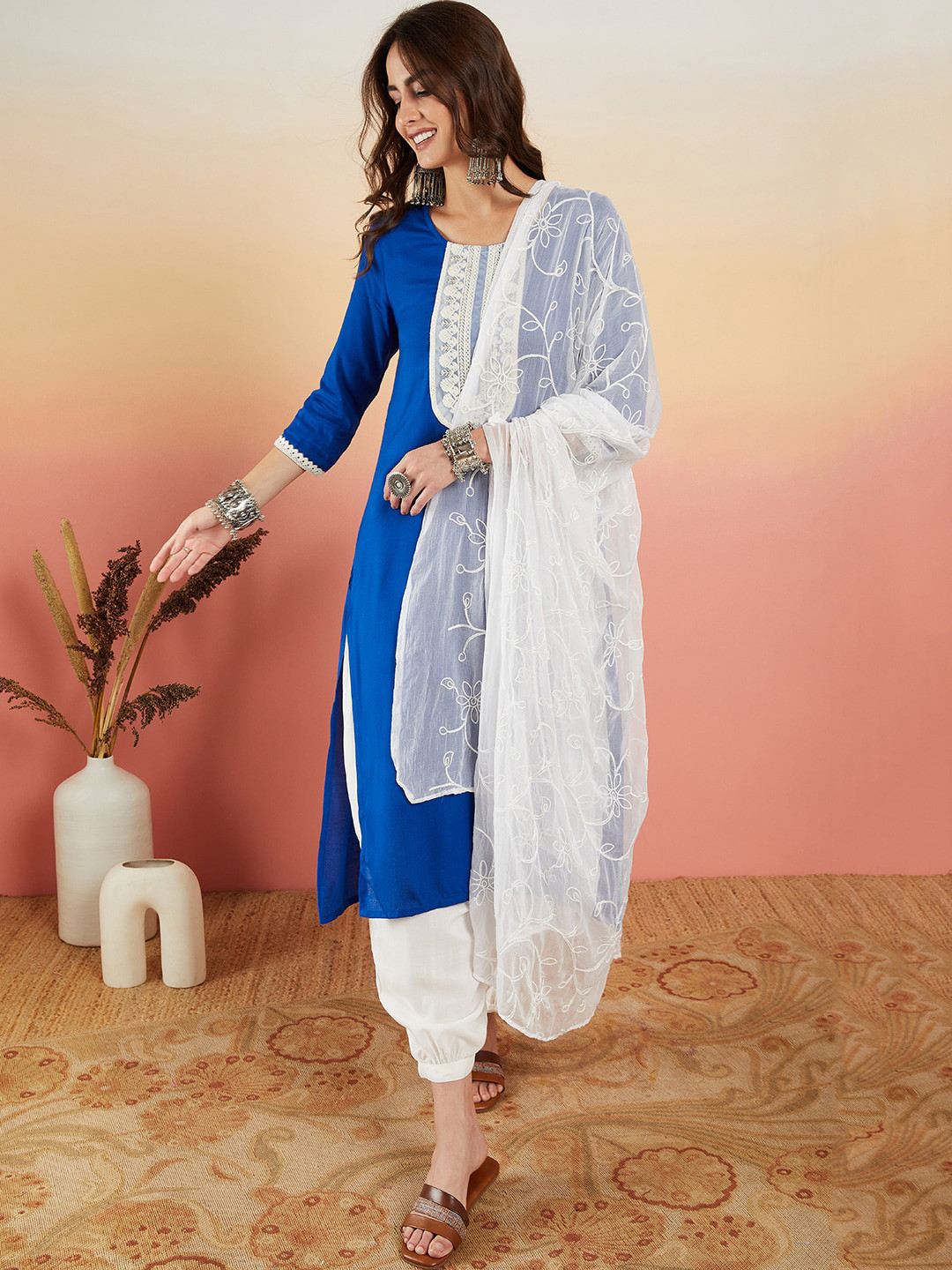 

Sangria Blue & White Ethnic Motifs Embroidered Pure Cotton Kurta & Salwar With Dupatta