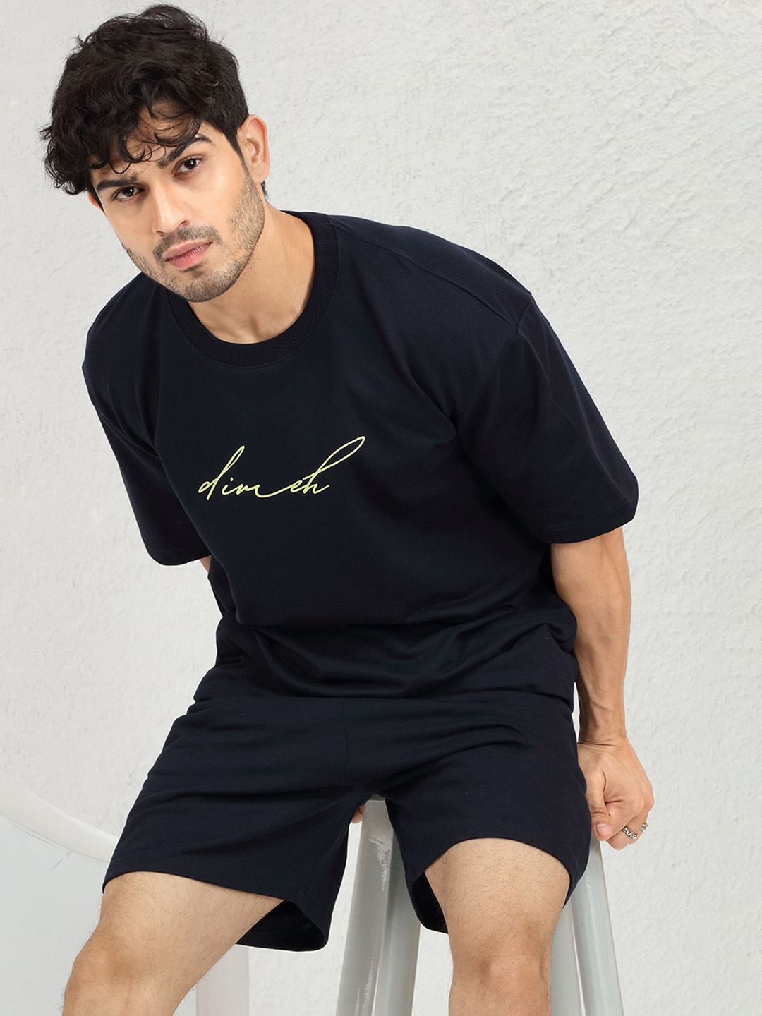 

DIMEH Printed Oversized T-Shirt With Shorts, Navy blue