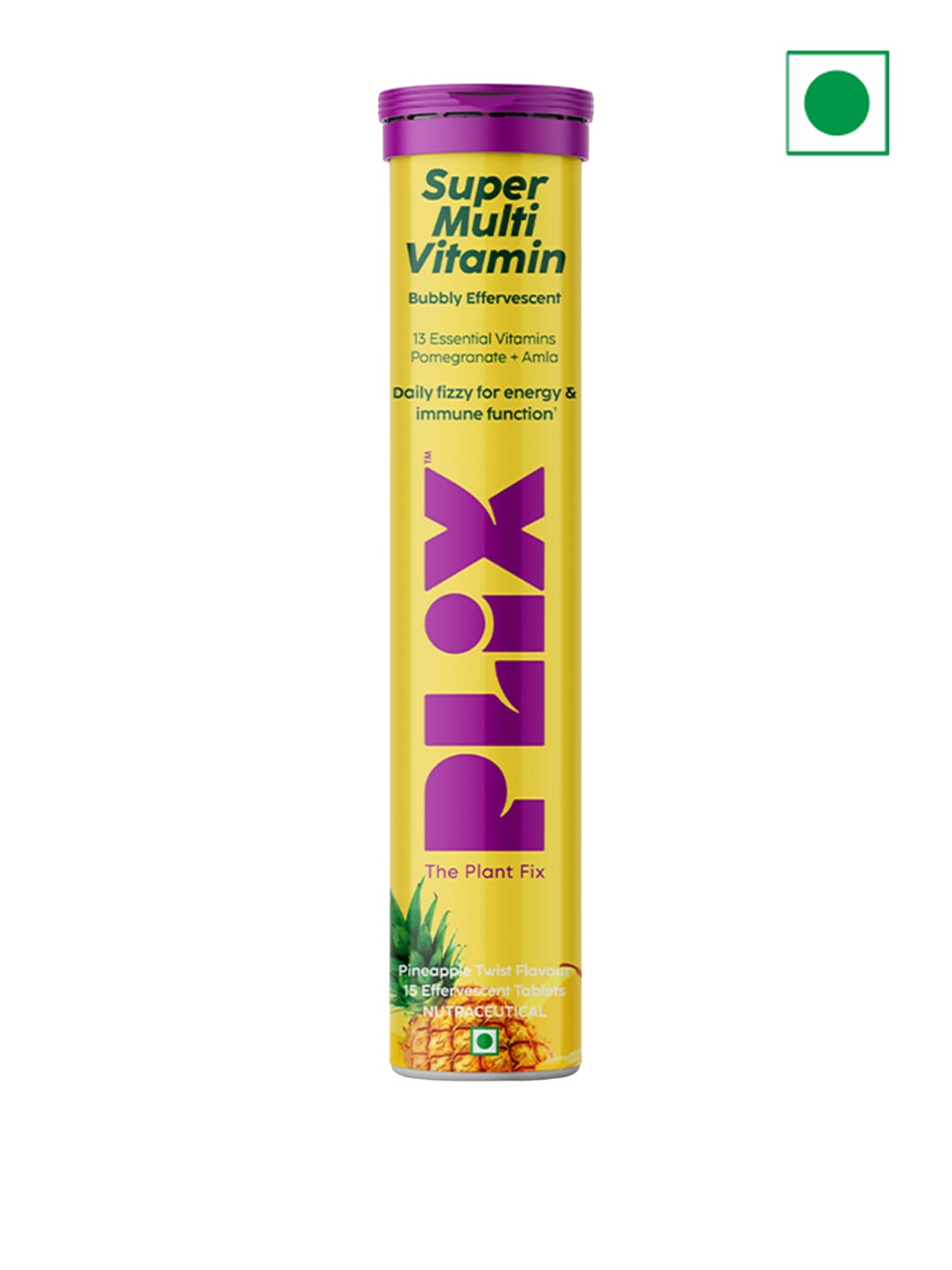 

PLIX THE PLANT FIX Super Multivitamin Bubbly Pineapple Flavour Tablets - 15 Tablets, Yellow
