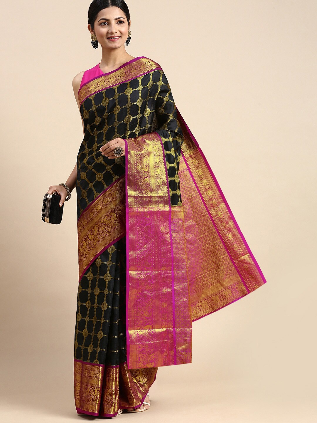 

Anaita Woven Design Zari Pure Silk Kanjeevaram Saree, Black