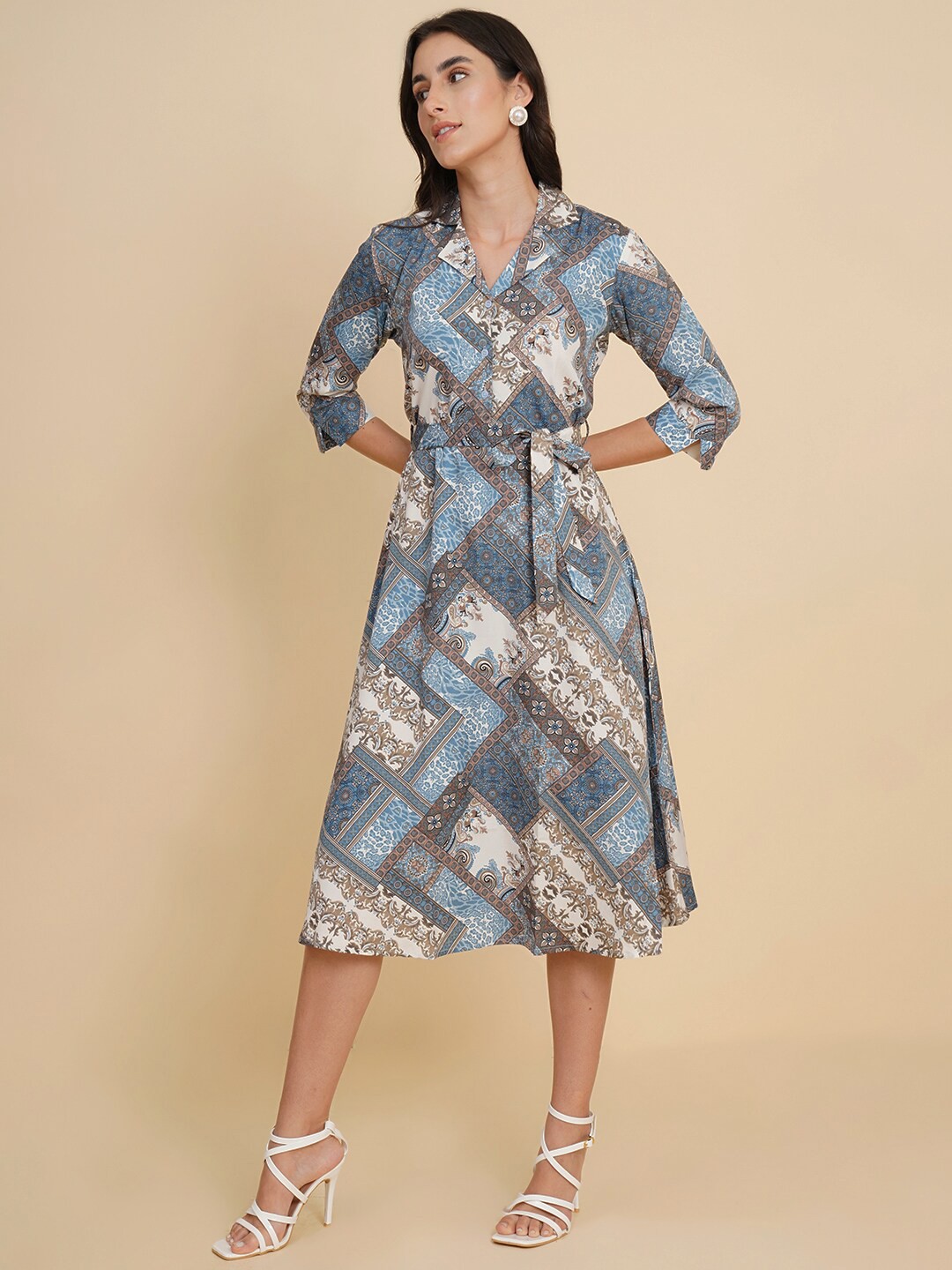

Fbella Ethnic Motifs Printed Fit & Flare Midi Dress, Blue
