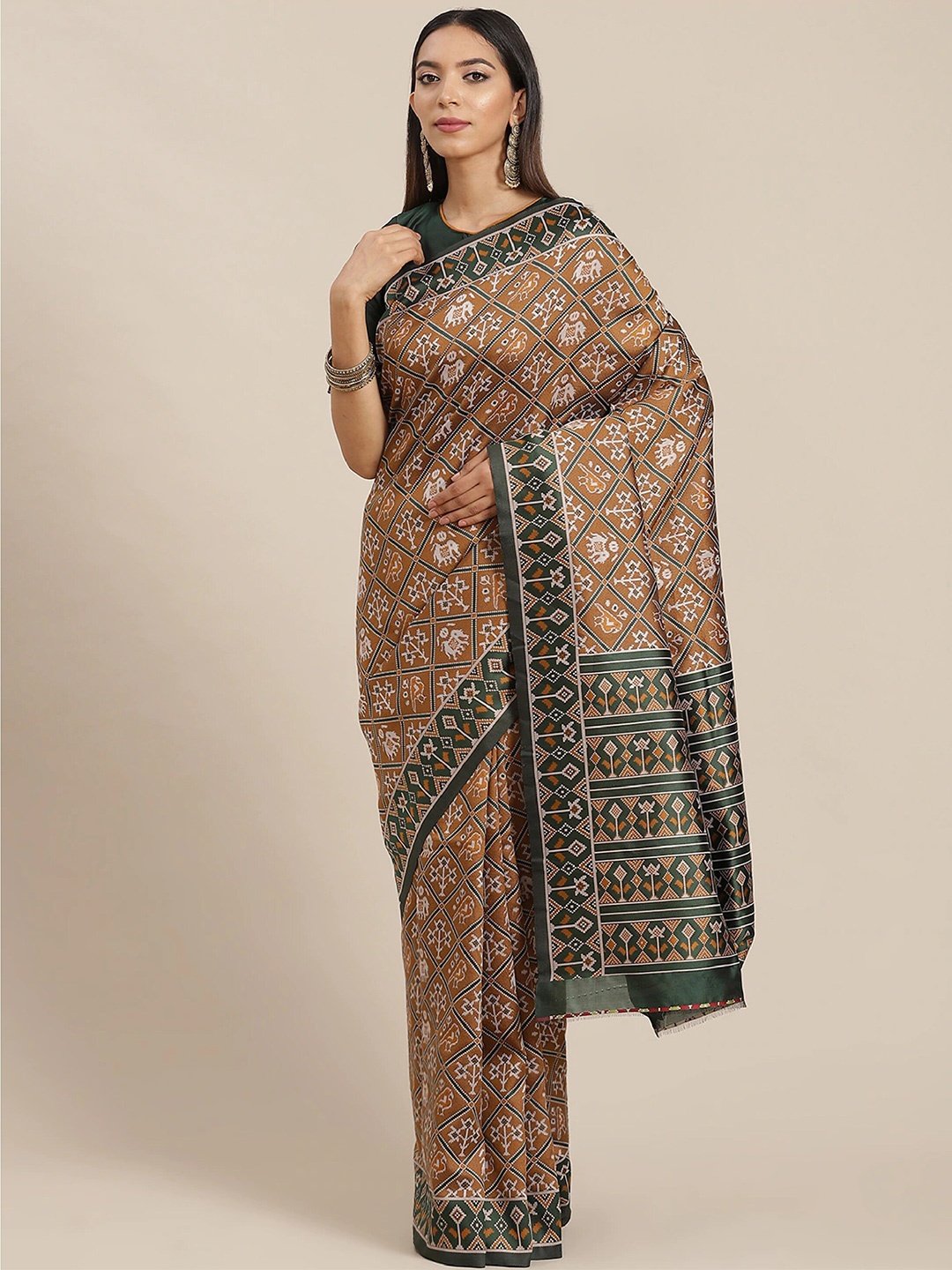 

Mitera Brown & Green Ethnic Motifs Printed Patola Saree