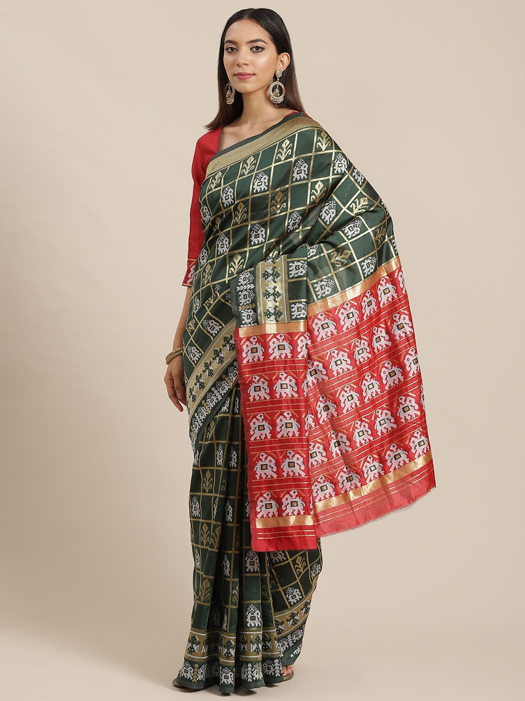 

Mitera Green & Red Woven Design Zari Patola Saree