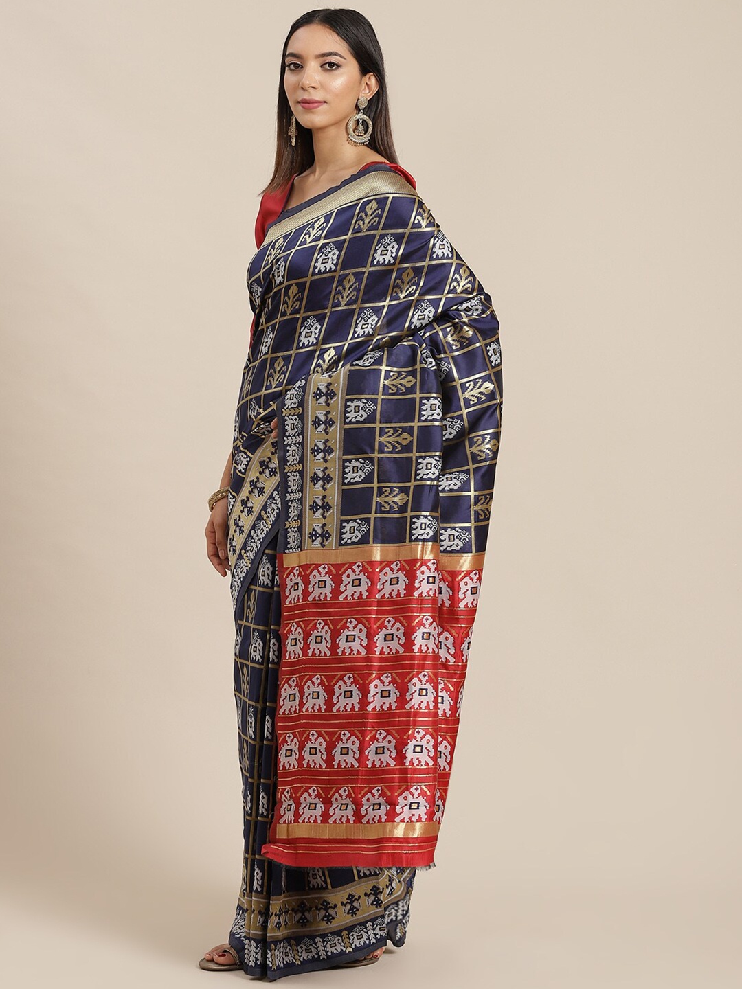 

Mitera Blue & Red Woven Design Zari Patola Saree