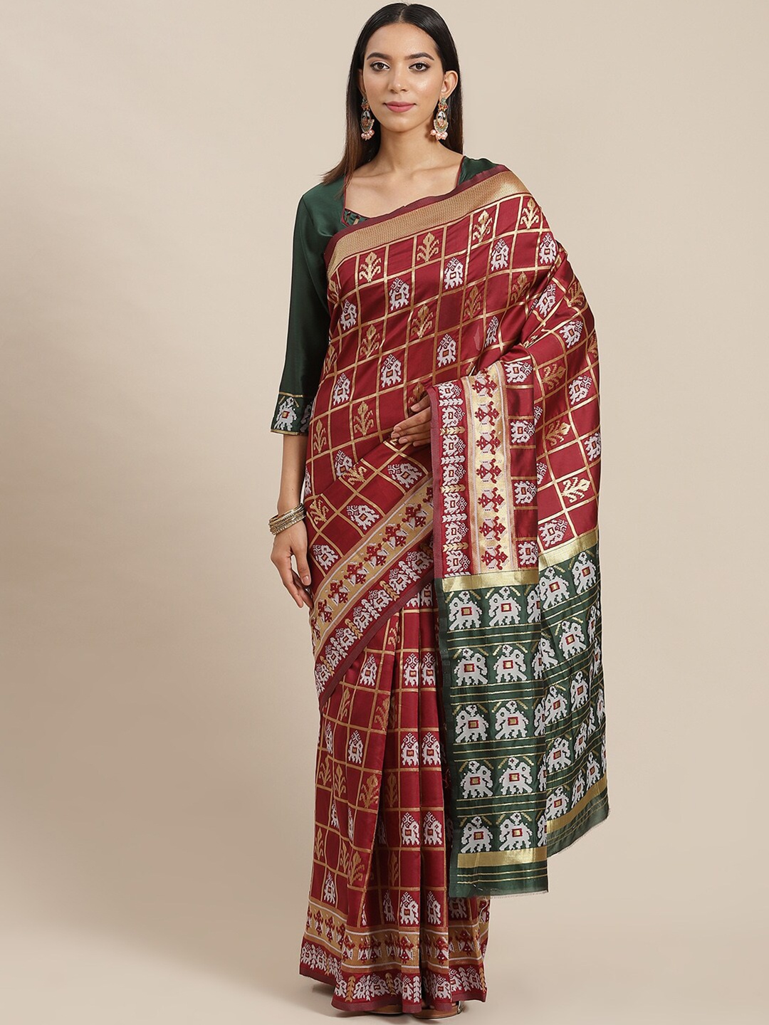 

Mitera Maroon & Green Woven Design Zari Patola Saree