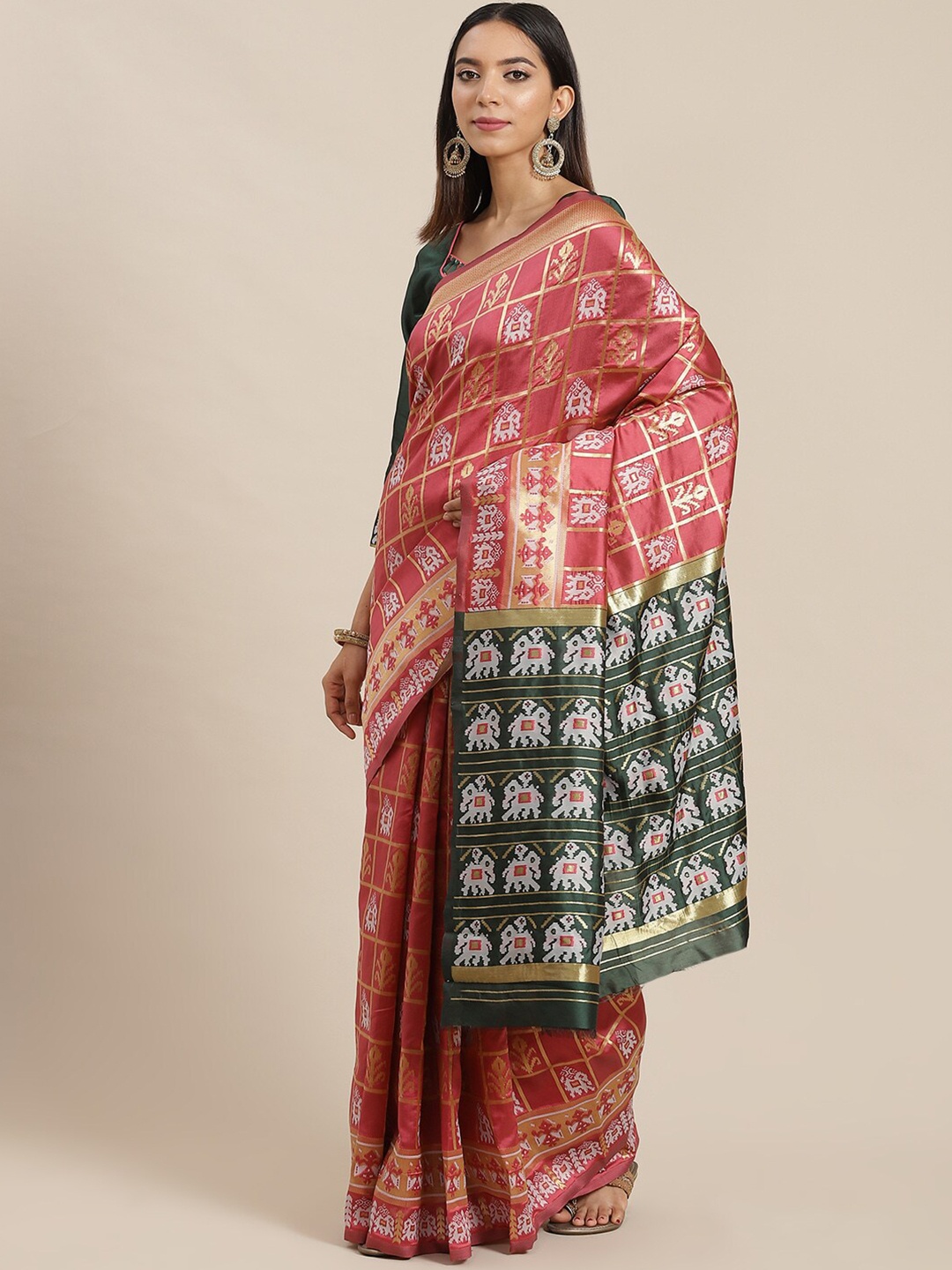 

Mitera Pink & Green Woven Design Zari Patola Saree