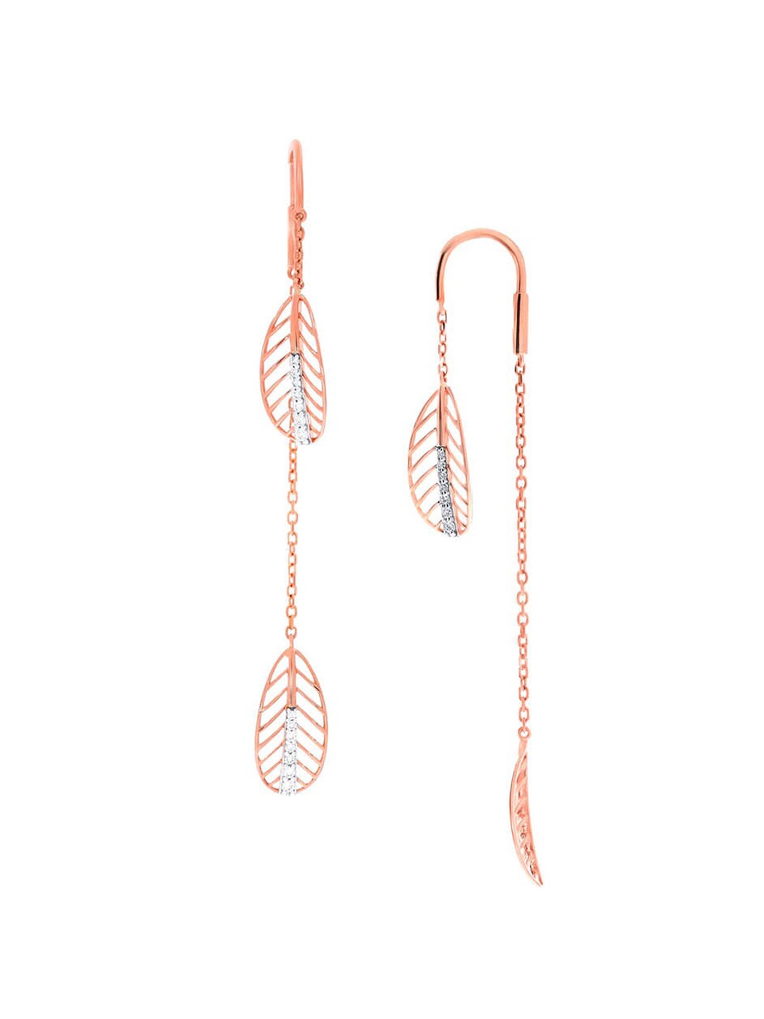 

SENCO Leafy Adore 18KT Rose Gold Diamond Studded Long Earrings-3.2gm
