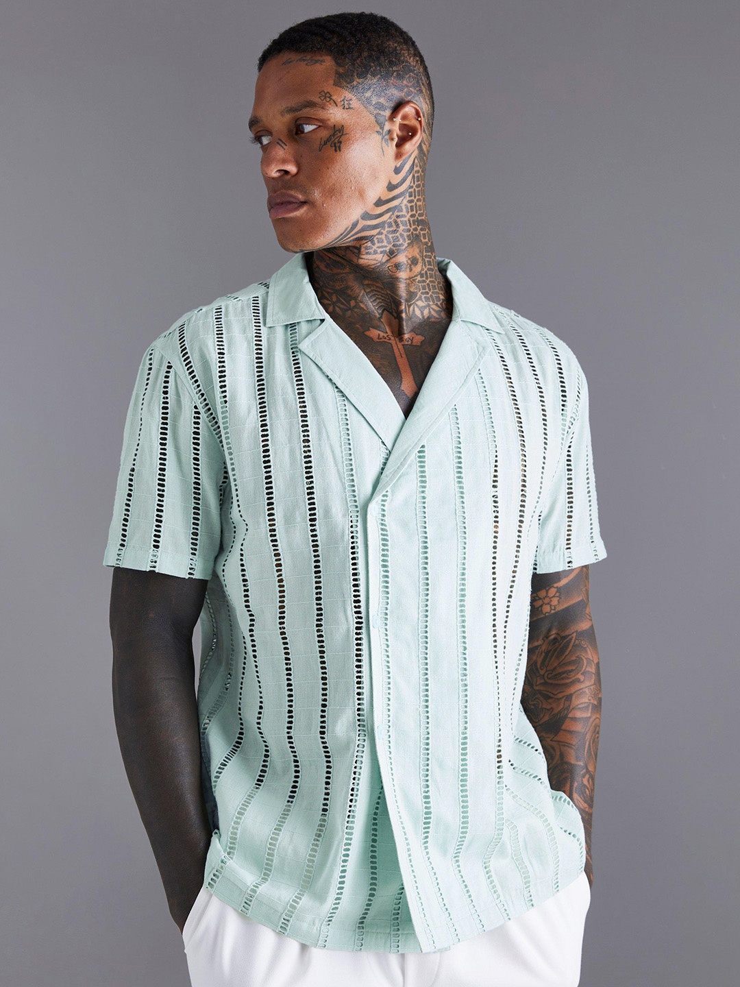 

boohooMAN Cotton Wrap Crochet Casual Shirt, Blue