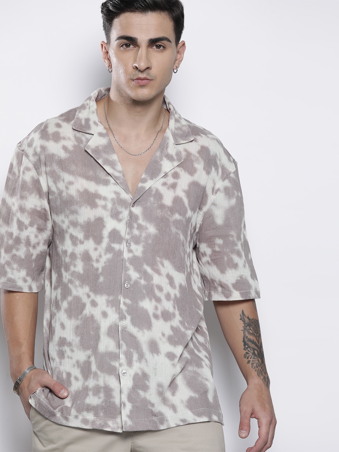 

boohooMAN Pure Cotton Tie & Dye Casual Shirt, Grey