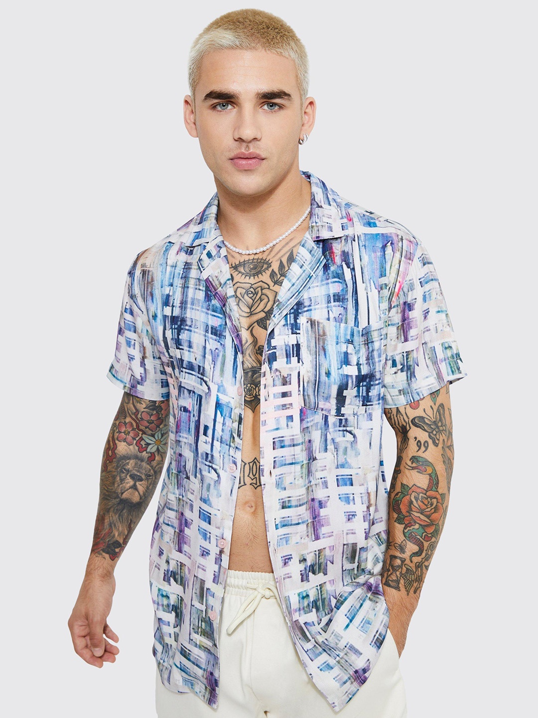 

boohooMAN Printed Casual Shirt, Blue