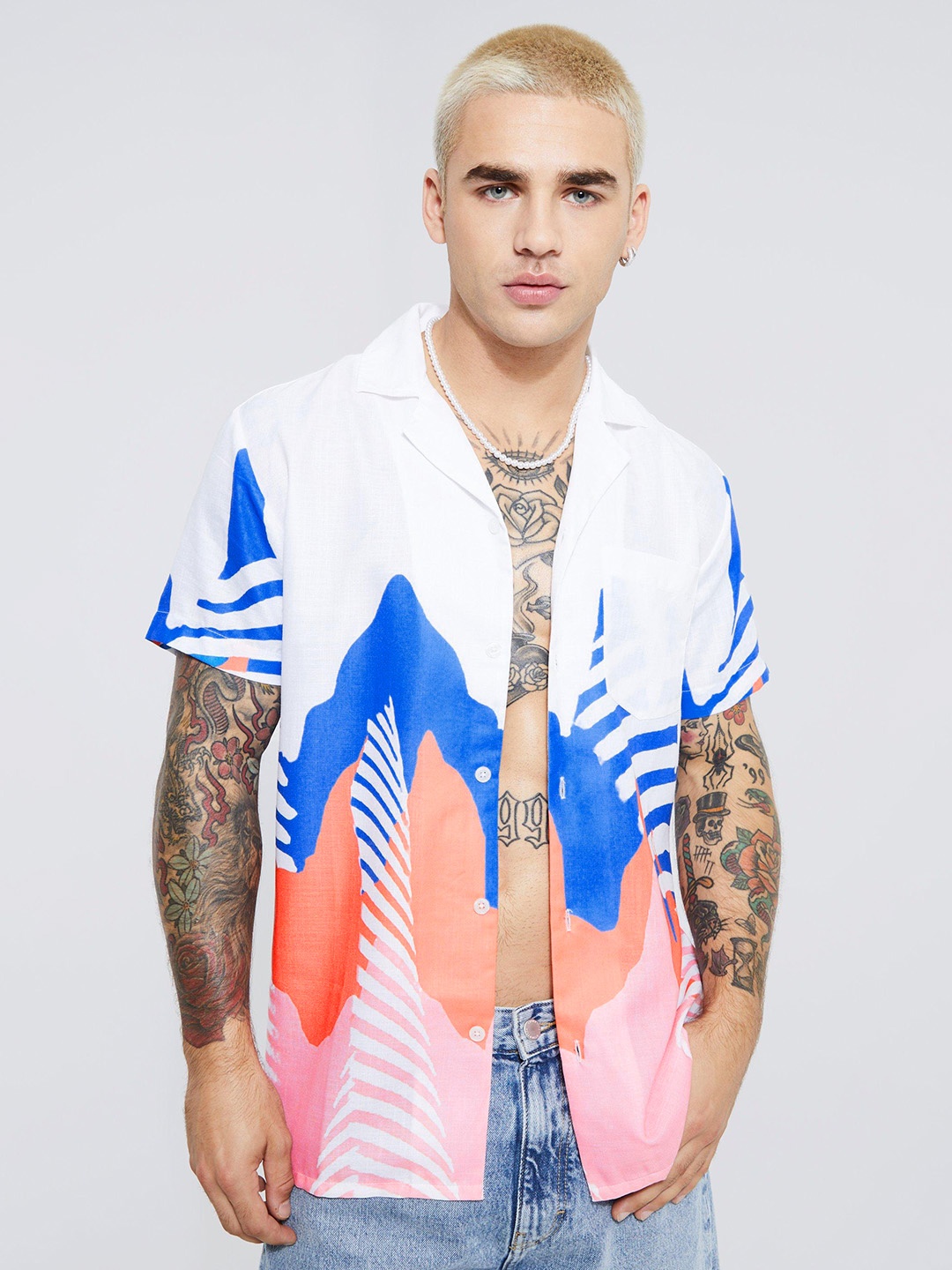 

boohooMAN Abstract Printed Casual Shirt, White