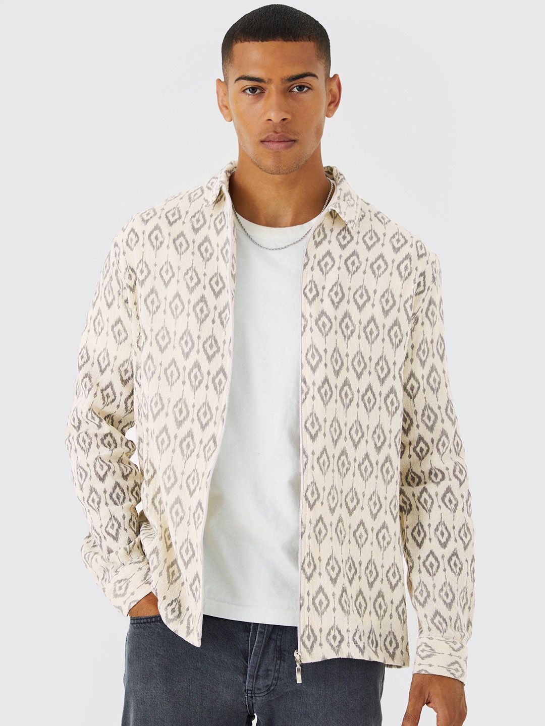 

boohooMAN Cotton Printed Casual Shirt, Beige