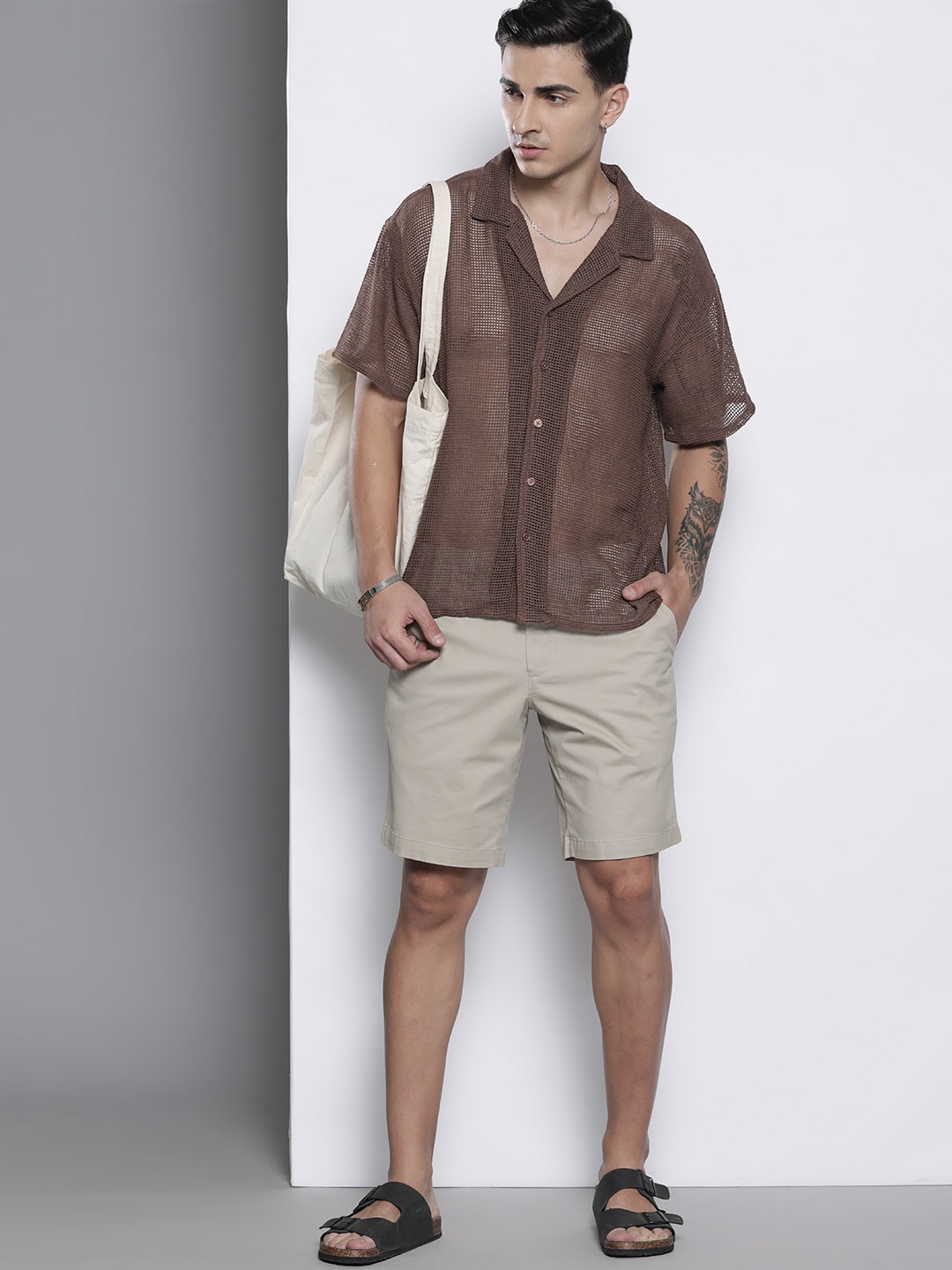 

boohooMAN Men Sheer Cotton Boxy Fit Crochet Shirt, Brown