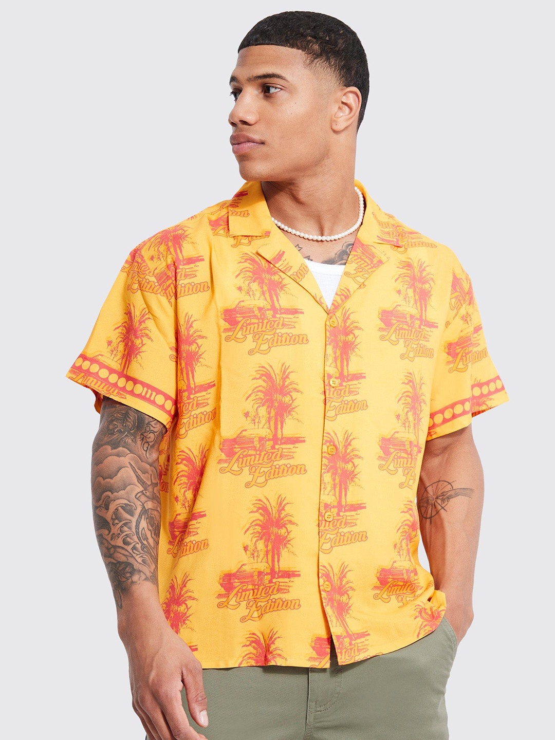 

boohooMAN Boxy Palm Printed Casual Shirt, Yellow
