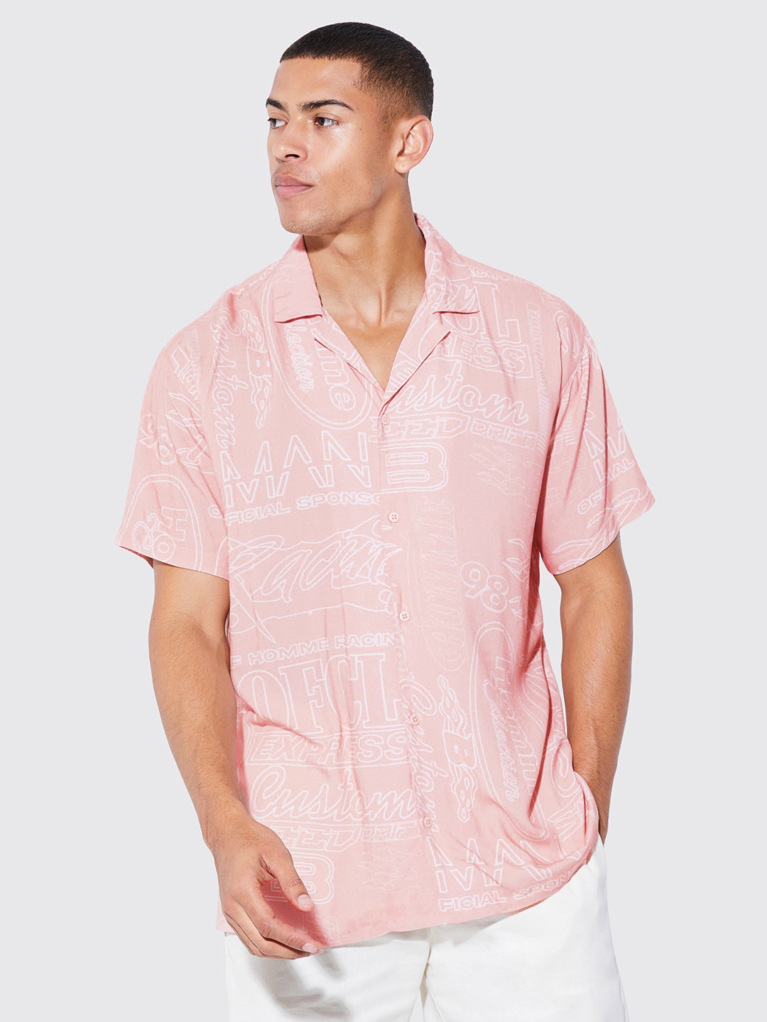 

boohooMAN Typography Printed Casual Shirt, Pink