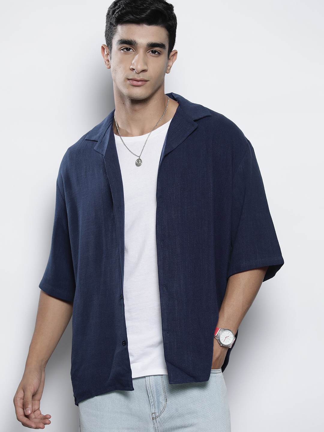 

boohooMAN Drop-Shoulder Sleeves Regular Fit Linen Casual Shirt, Navy blue