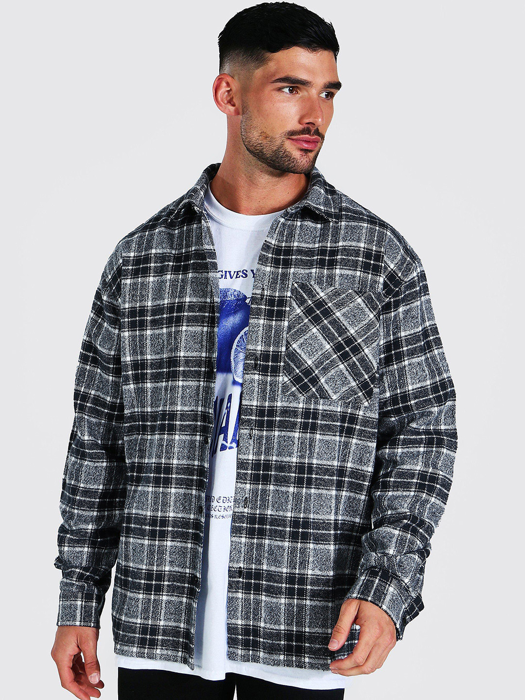 

boohooMAN Oversized Tartan Checked Casual Shirt, Navy blue