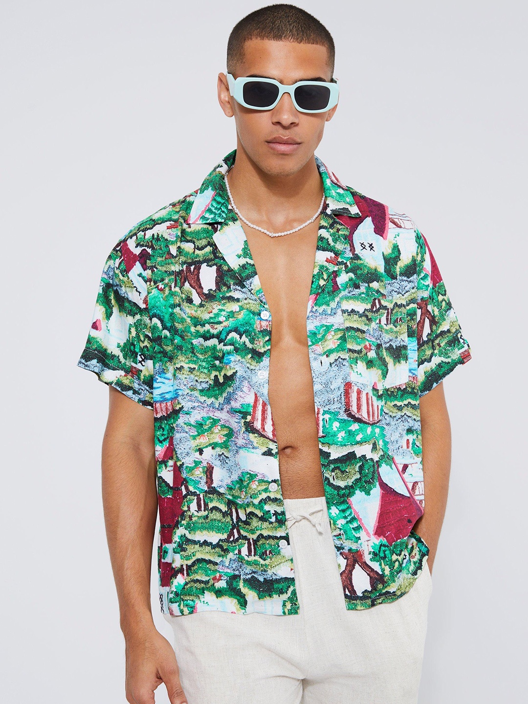 

boohooMAN Opaque Printed Casual Shirt, Green