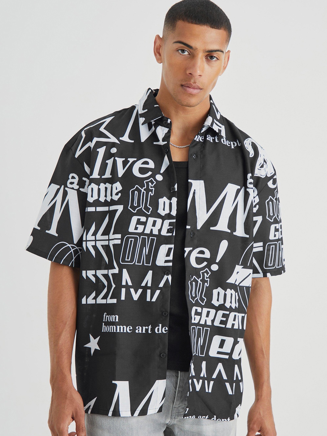 

boohooMAN Typography Printed Casual Shirt, Black