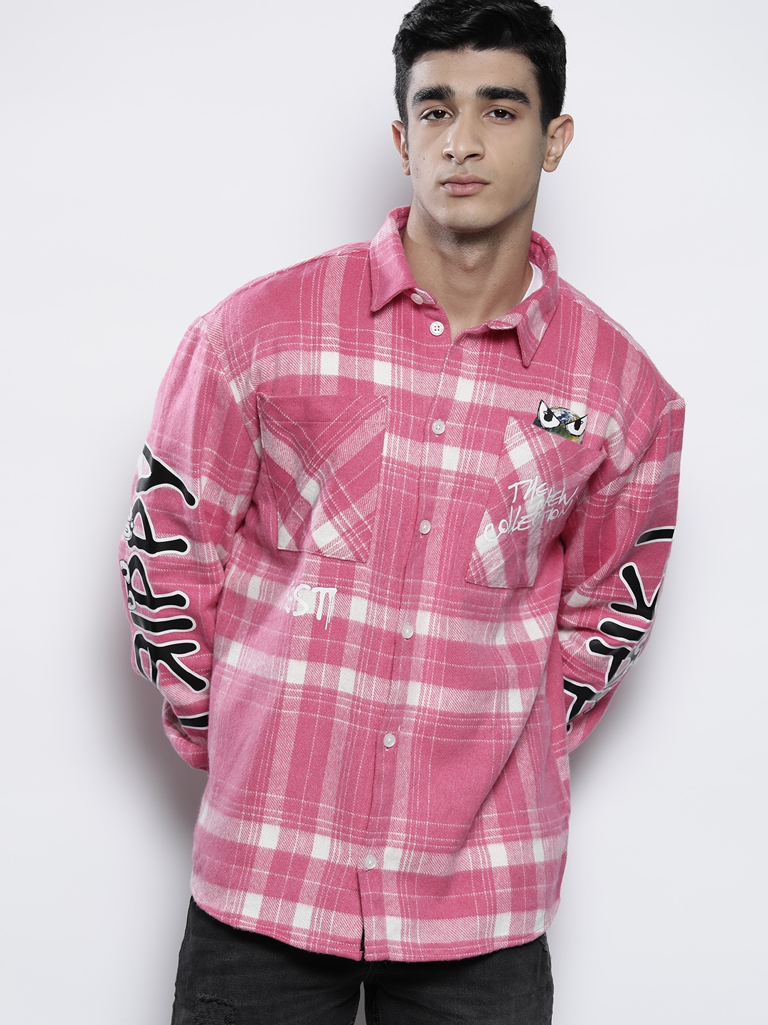 

boohooMAN Tartan Checked Casual Shirt with Printed Detail, Pink