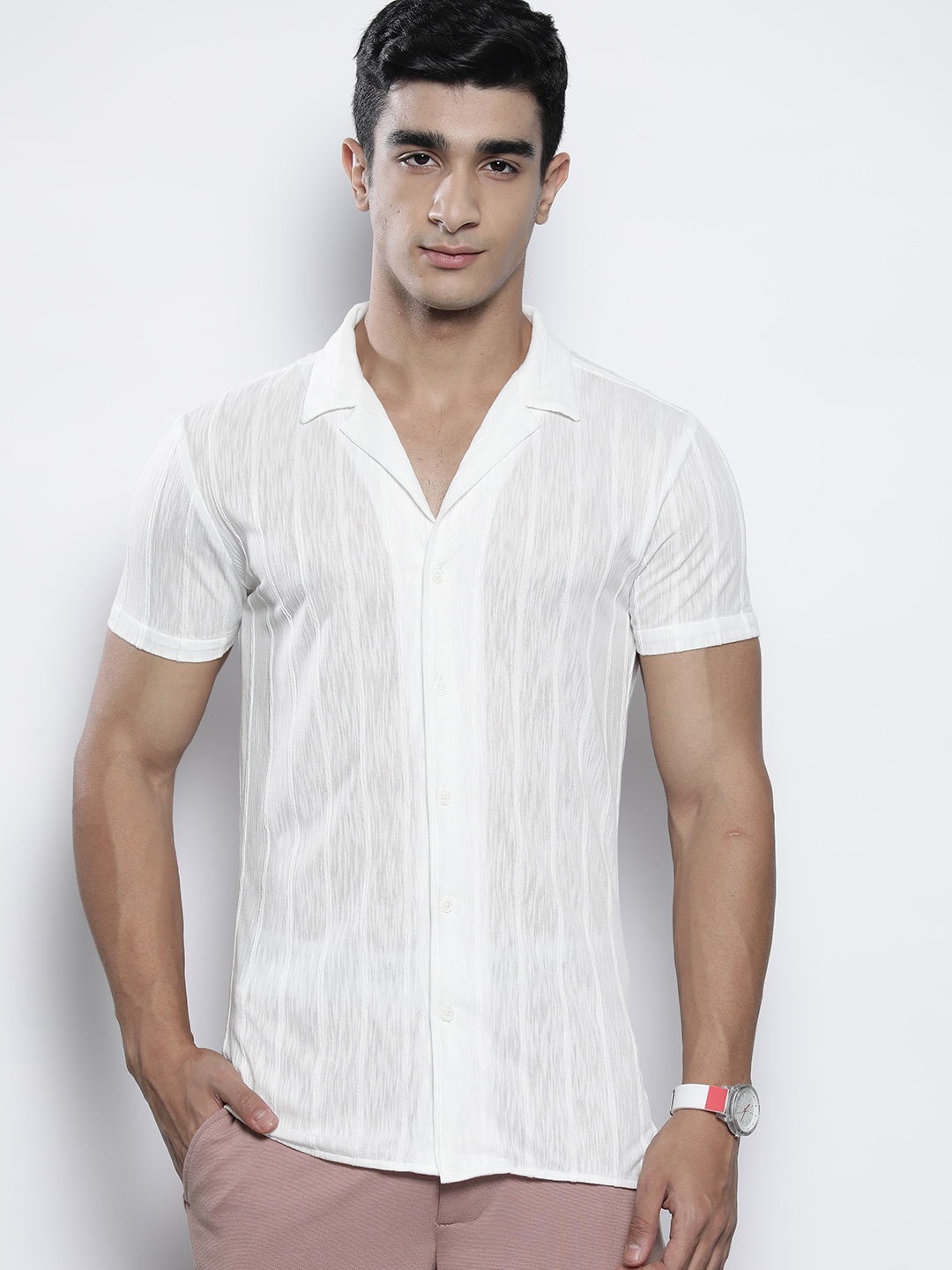 

boohooMAN Self-Striped Muscle Fit Casual Shirt, White