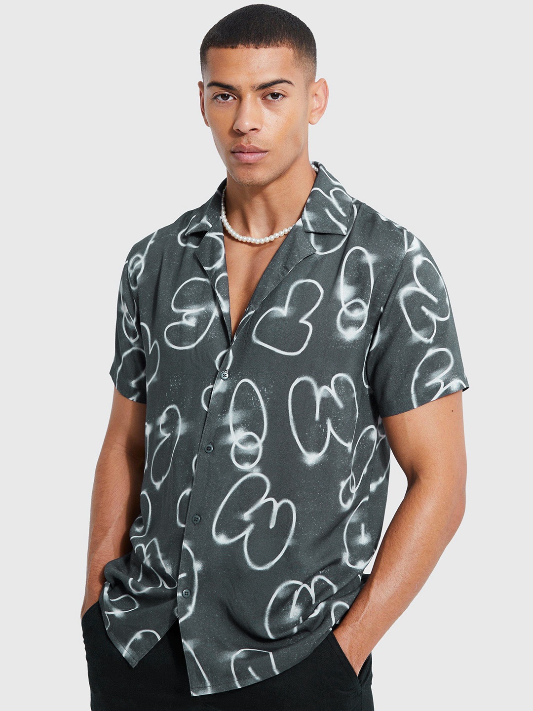 

boohooMAN Opaque Printed Casual Shirt, Charcoal