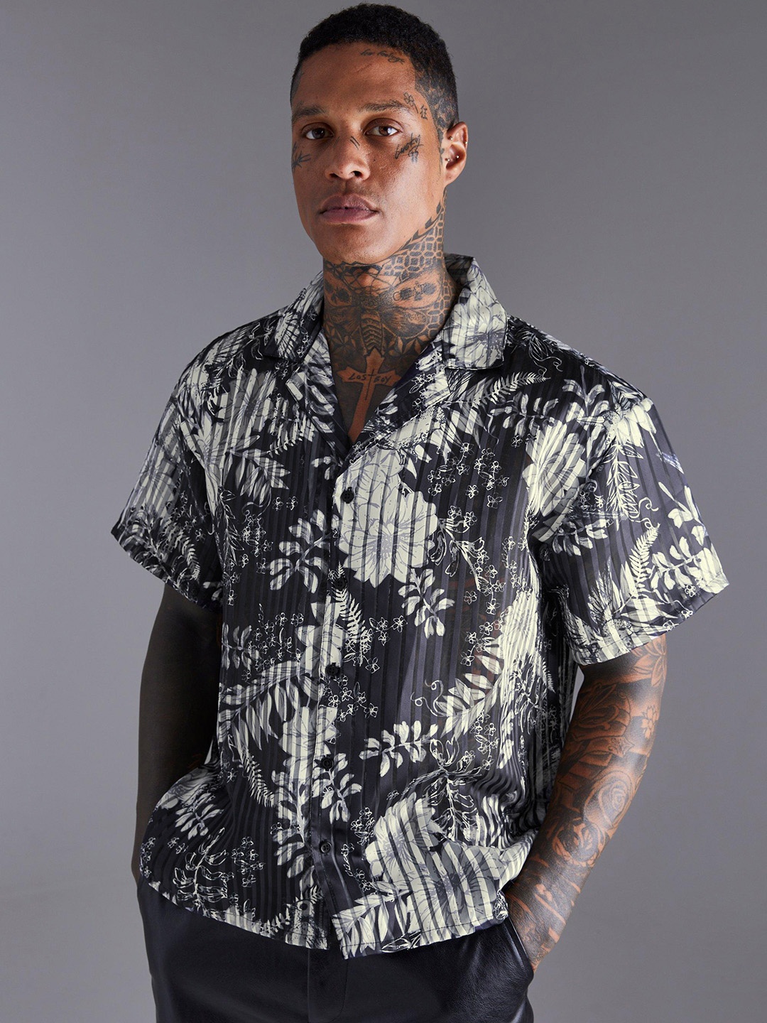 

boohooMAN Floral Printed Semi-Sheer Casual Shirt, Black