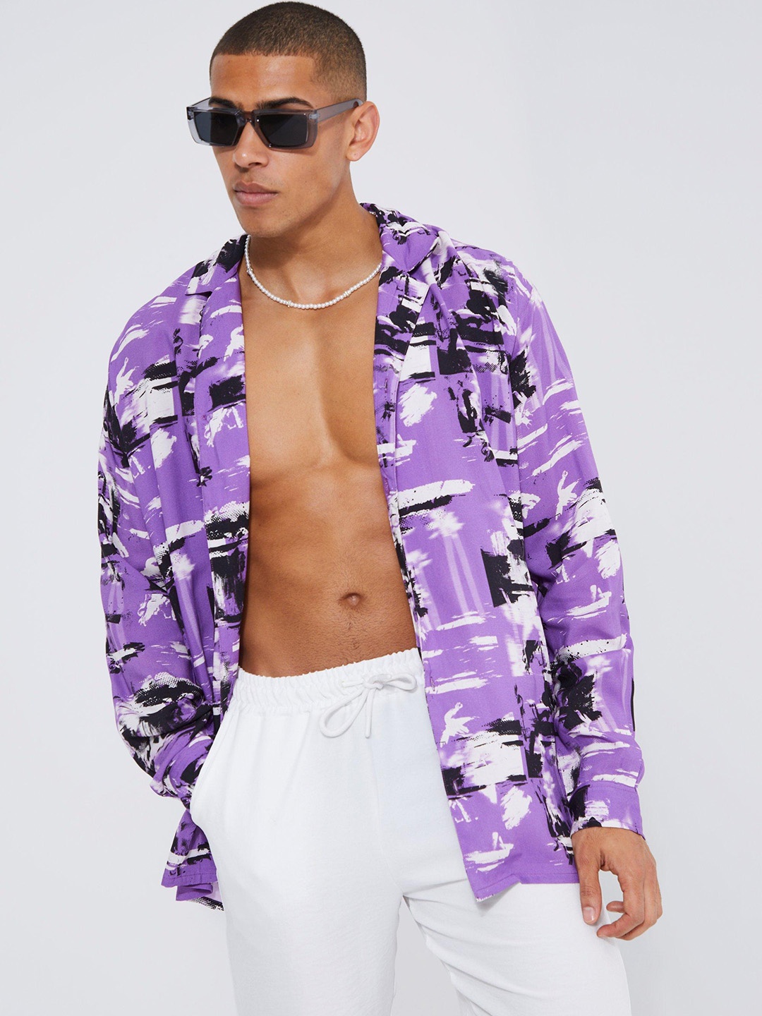 

boohooMAN Opaque Printed Oversized Shirt, Purple