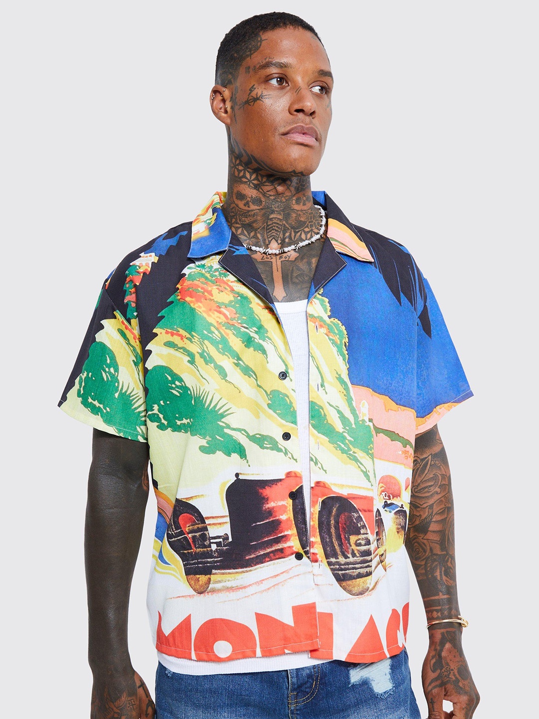 

boohooMAN Men Blue Boxy Opaque Printed Casual Shirt