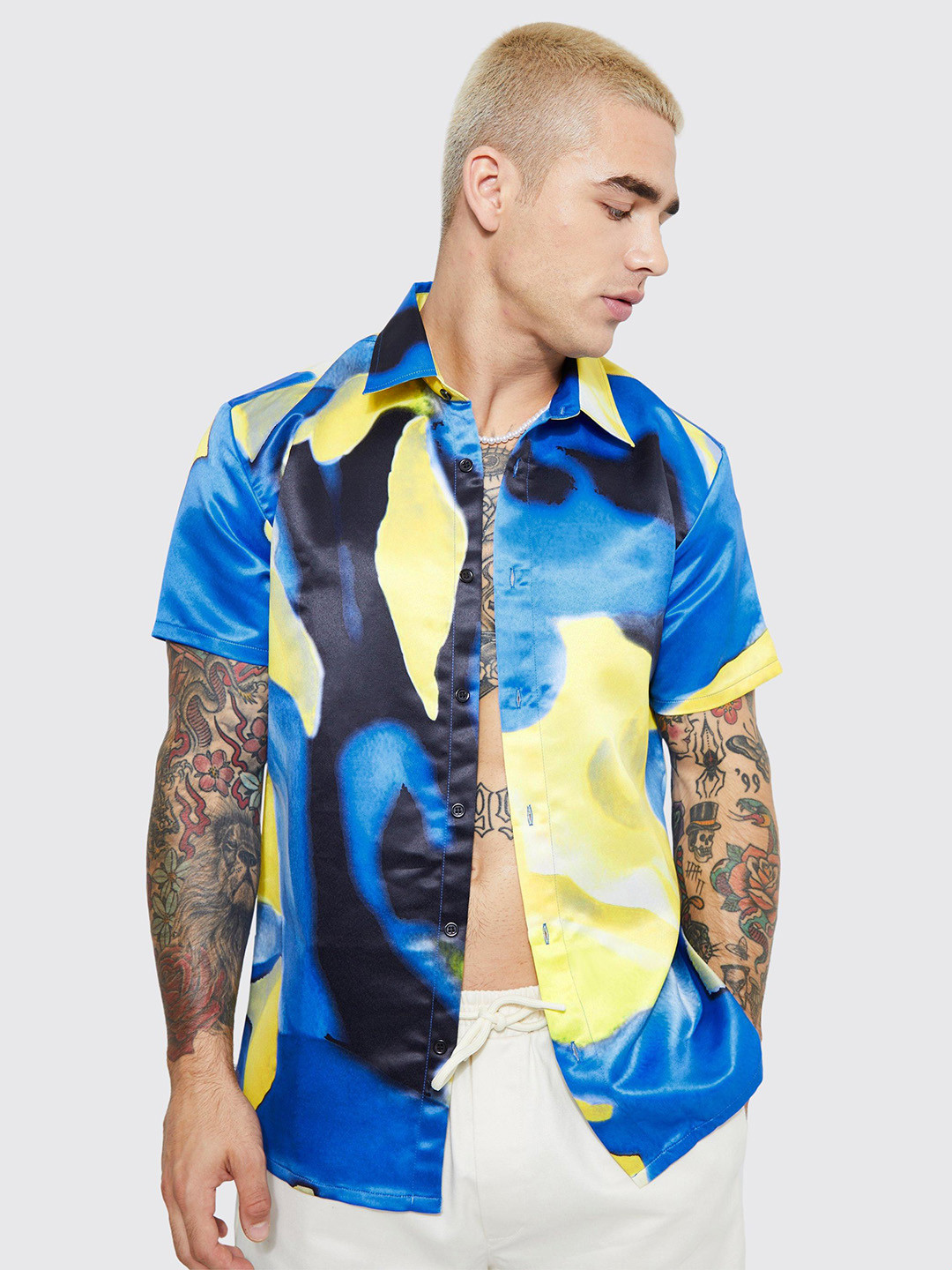 

boohooMAN Satin Finish Printed Casual Shirt, Blue