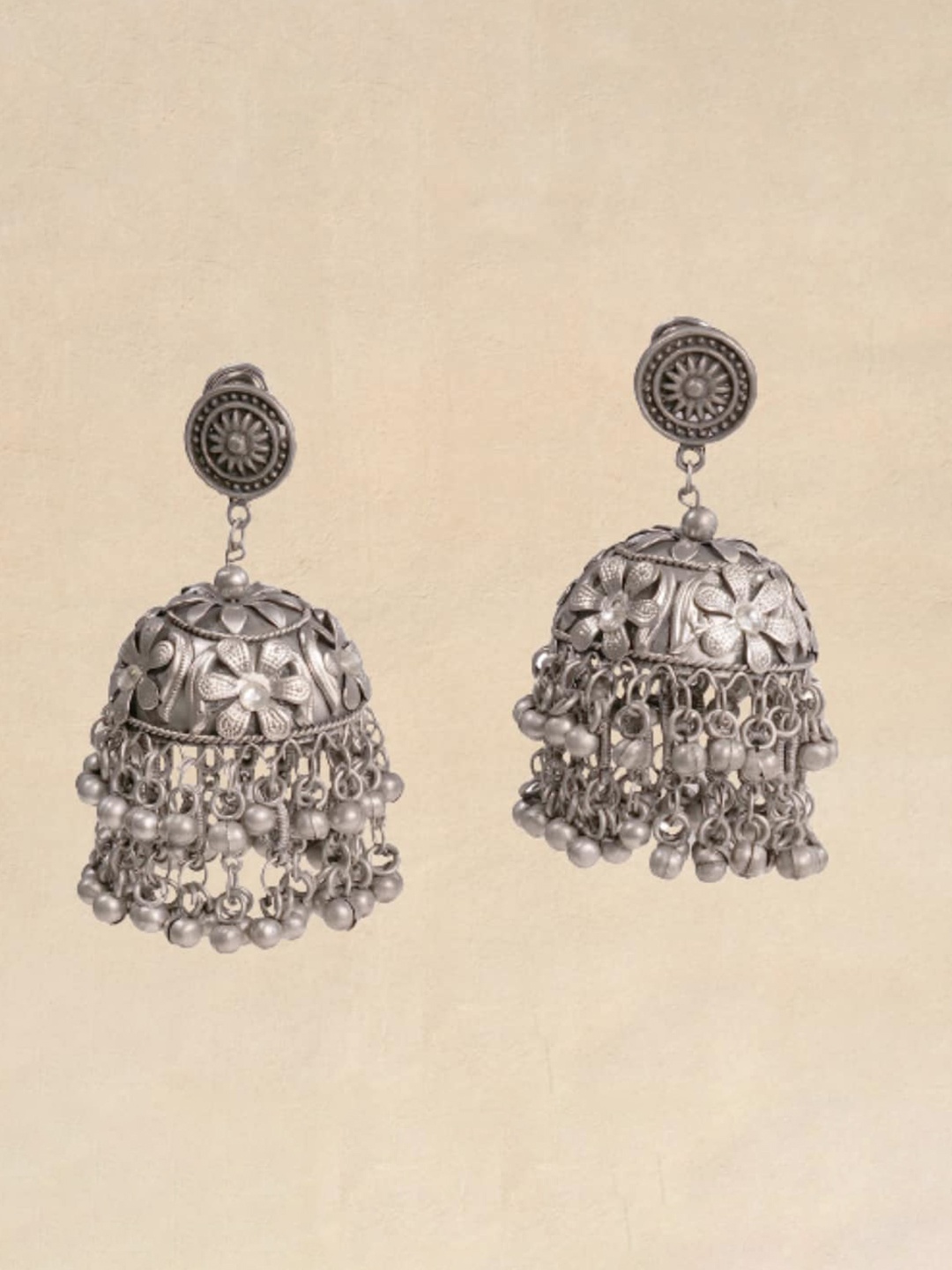 

Pihtara Jewels Silver-Plated Dome Shaped Oxidised Jhumkas