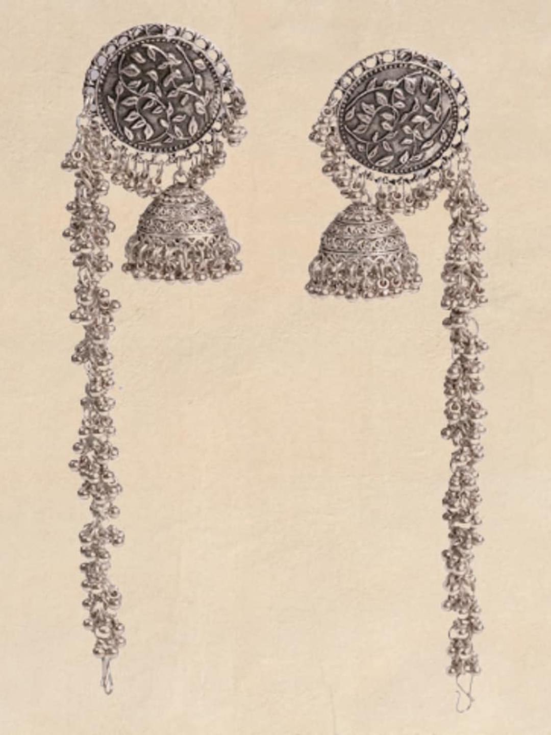 

Pihtara Jewels Silver-Plated Oxidised Dome Shaped Ear Chains & Jhumkas
