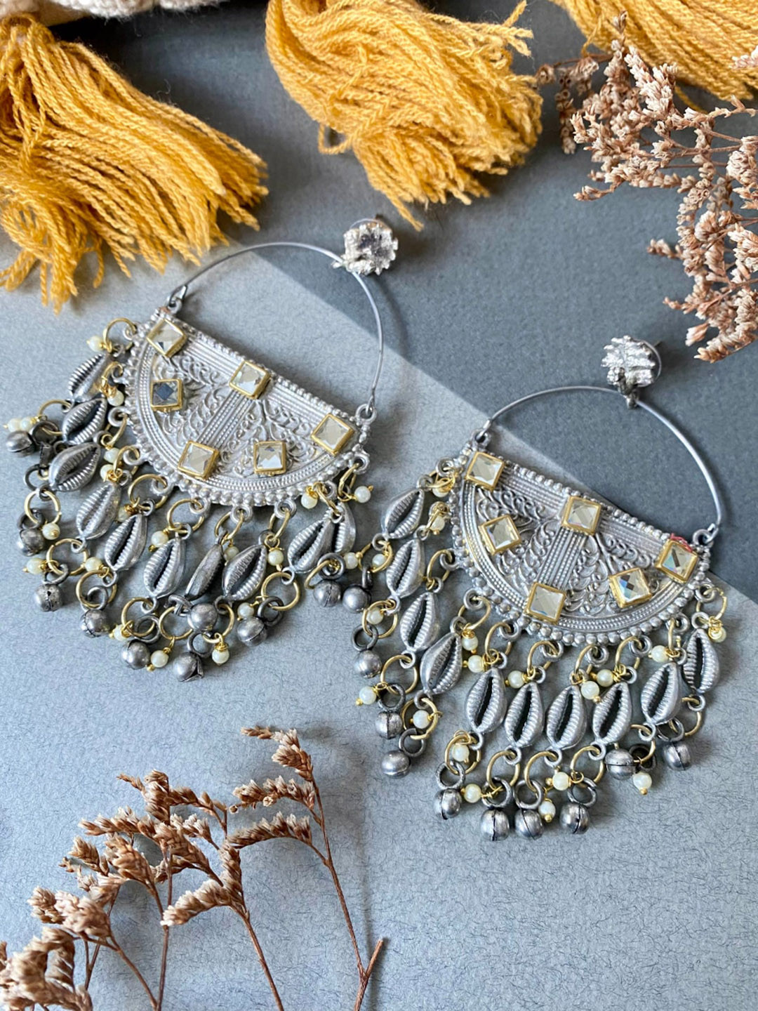

Pihtara Jewels Silver-Plated Stone-Studded Tasselled Contemporary Chandbalis