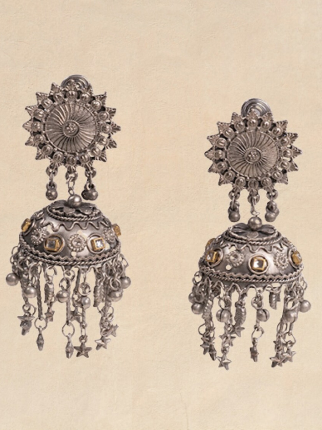 

Pihtara Jewels Silver-Plated Stone-Studded Dome Shaped Oxidised Jhumkas