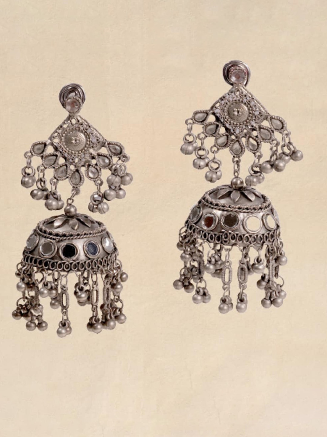 

Pihtara Jewels Silver-Plated Dome Shaped Oxidised Jhumkas